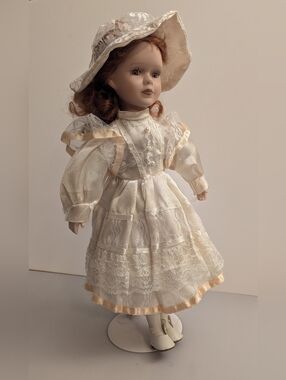 Vintage Collectible Victorian Doll In Ivory Lacey Dress with faux pearls and Hat